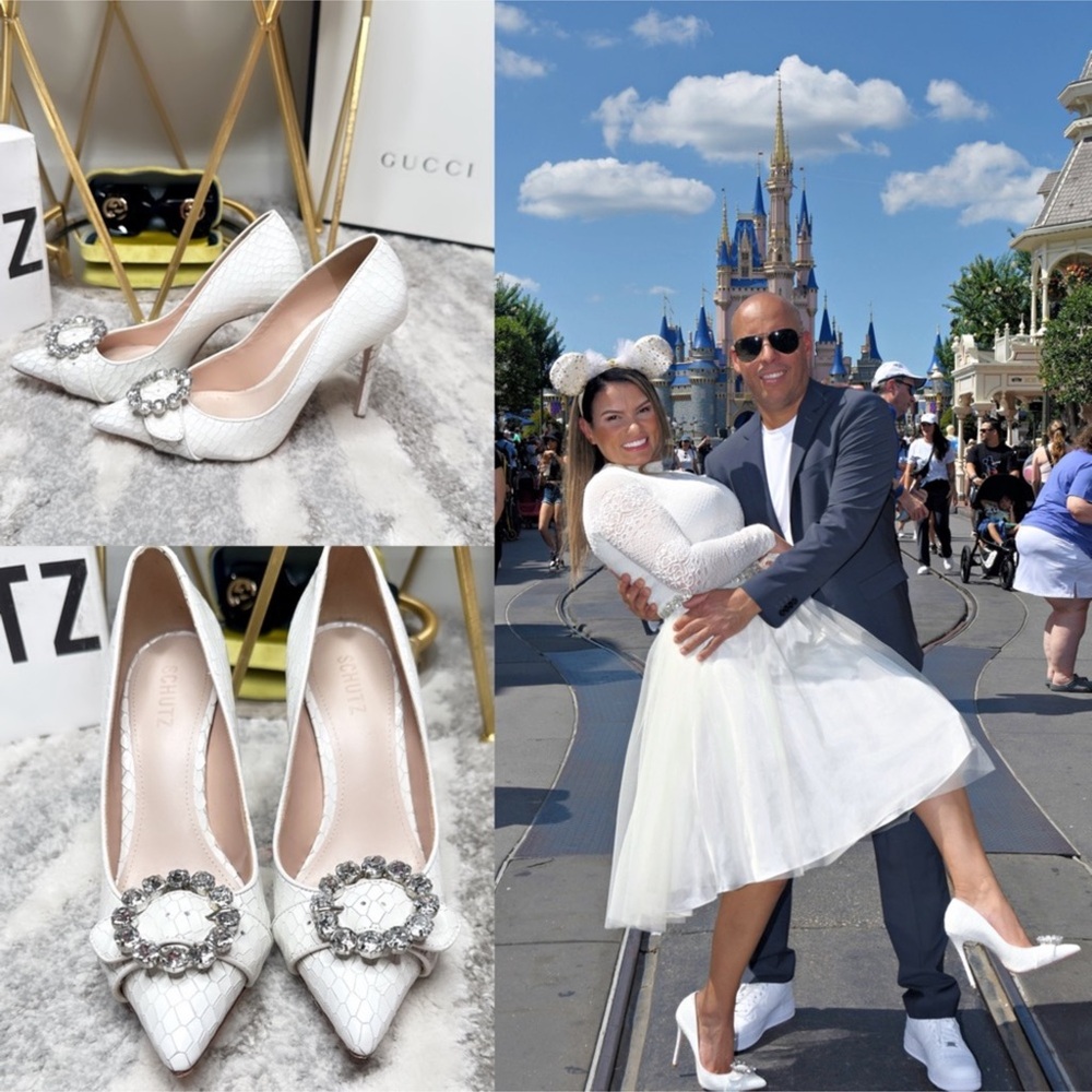Schutz White Leather Rhinestone Heels - Picture 4 of 11